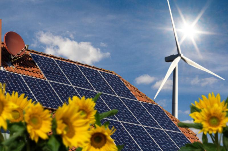 风力发电机边的太阳能电池板