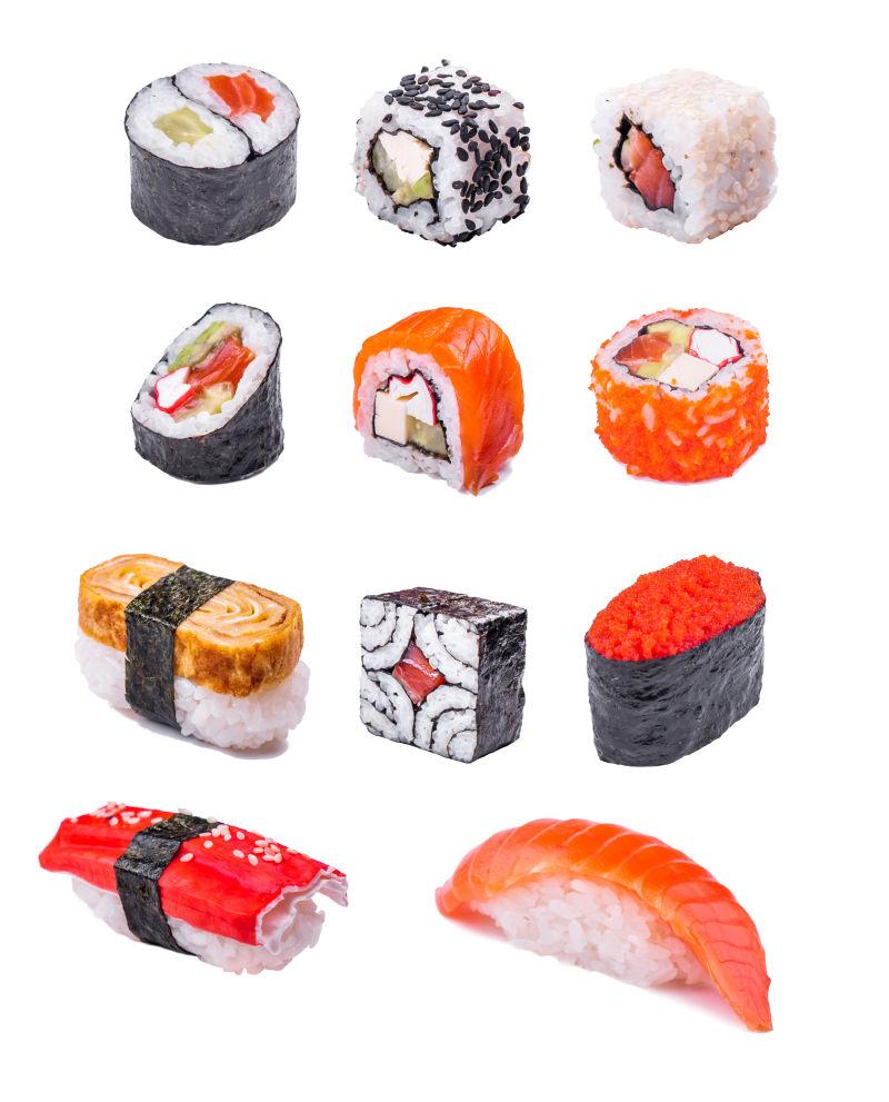 白色背景下的各种美味寿司