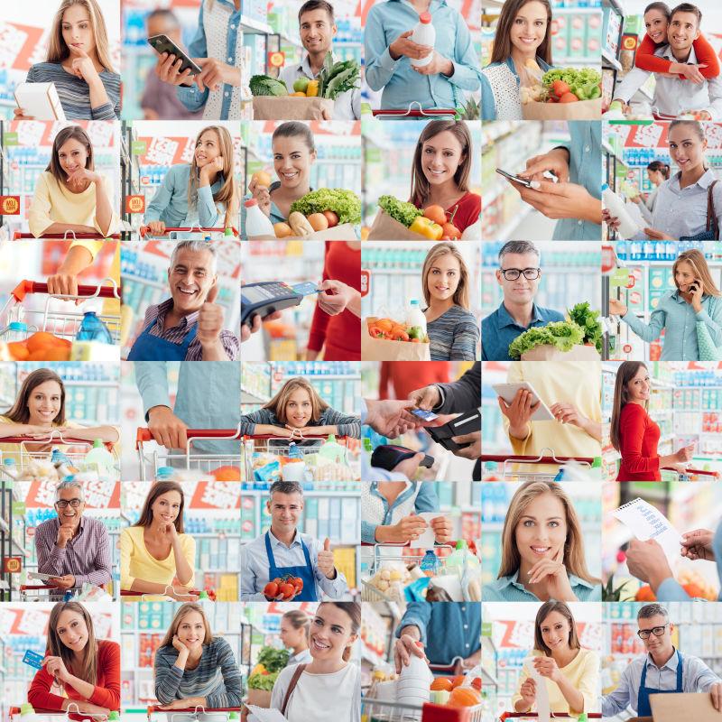 商店里微笑的人们做杂货店购物