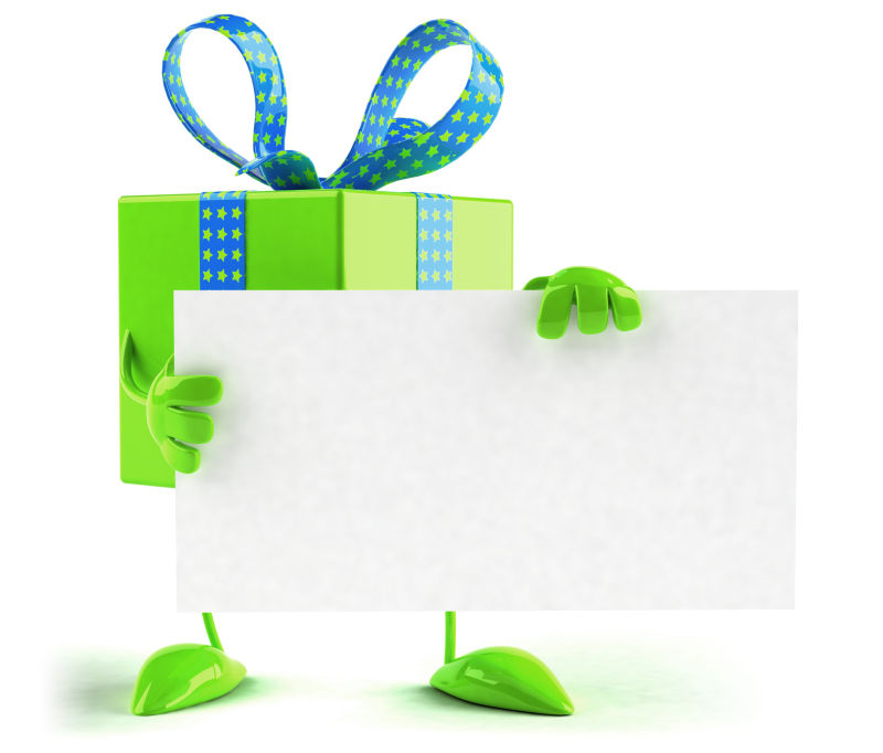 拿着空白标签的绿色礼品盒