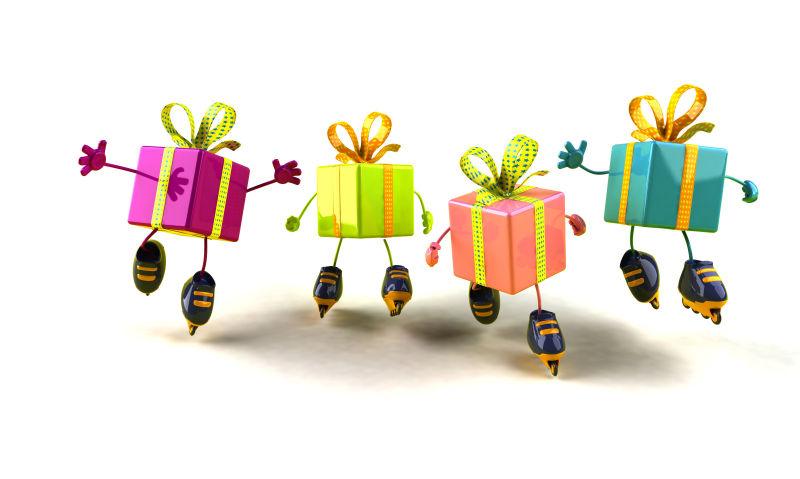 四个穿着轮滑鞋的礼品盒