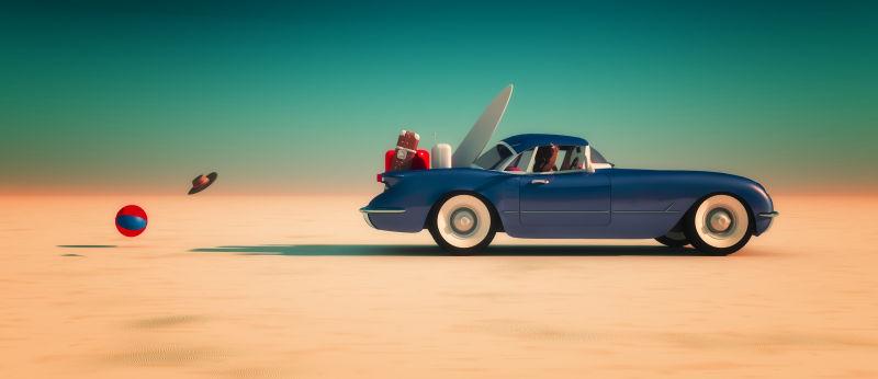 沙滩上的蓝色汽车