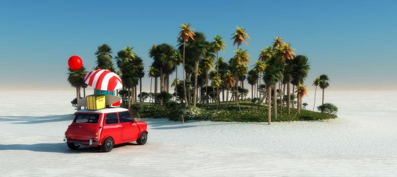 沙滩上一辆红色的旅行车
