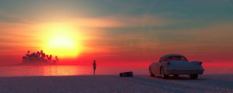 夕阳下海滩边的一个人和一辆汽车