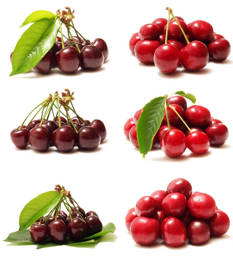 白色背景上的六串樱桃