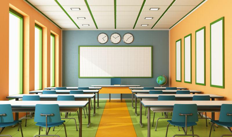 现代教室五彩缤纷的墙壁和地板
