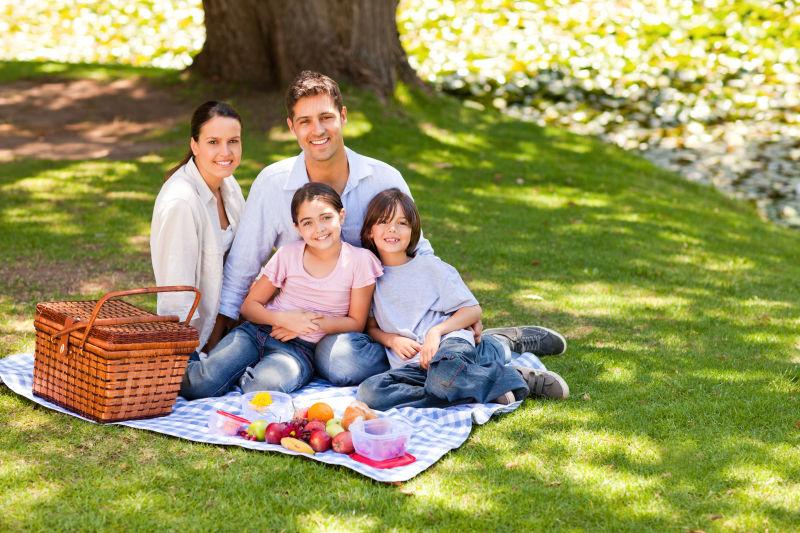快乐的家庭在公园里愉快的野餐