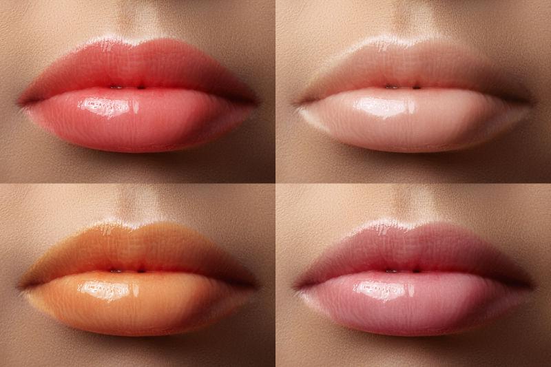 四个涂着不同色系口红的嘴唇拼接图
