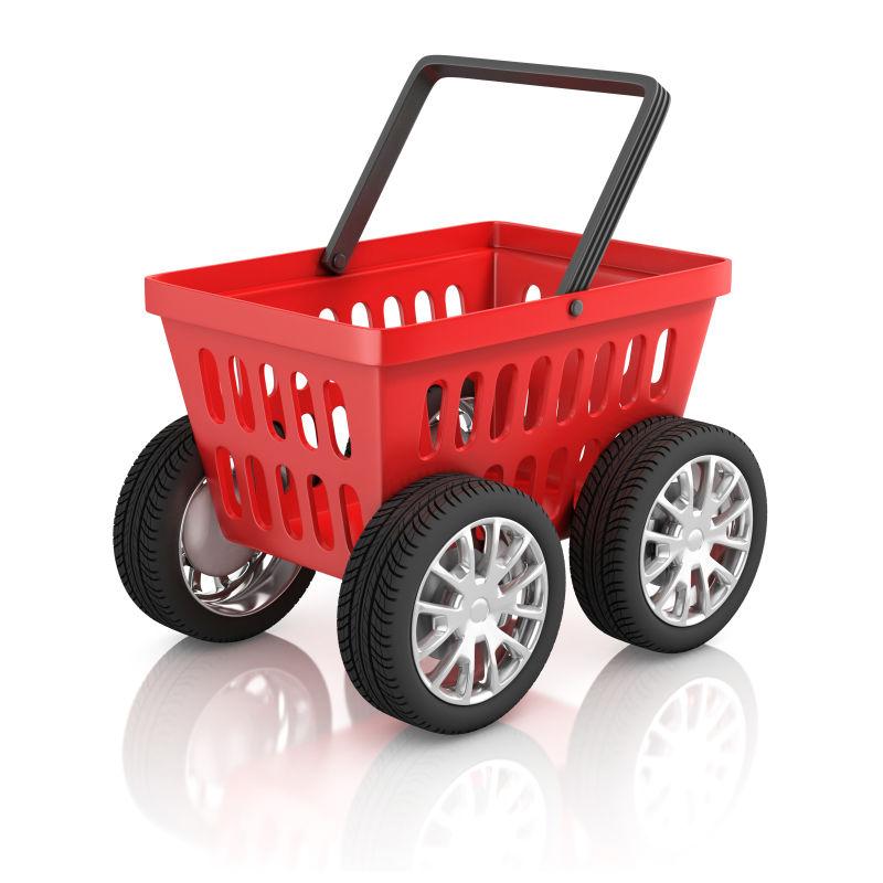 车轮上的购物篮3D插图
