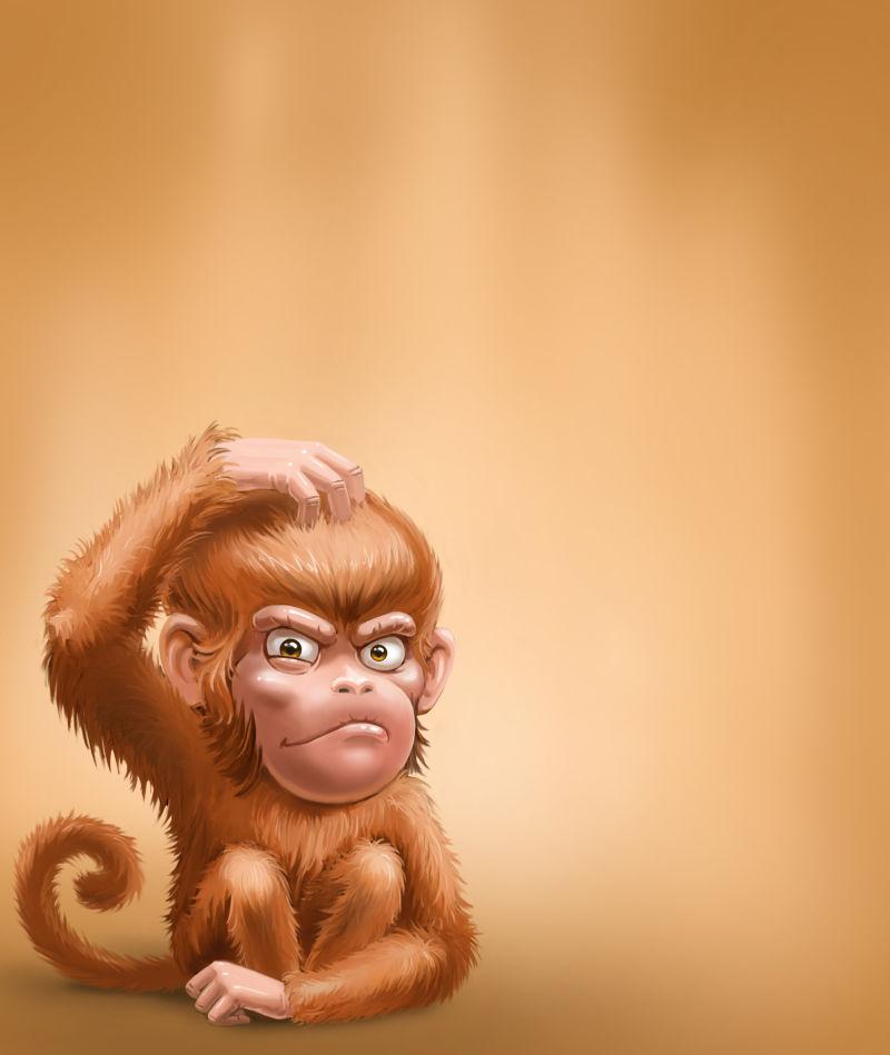 摸头困惑的卡通猴子