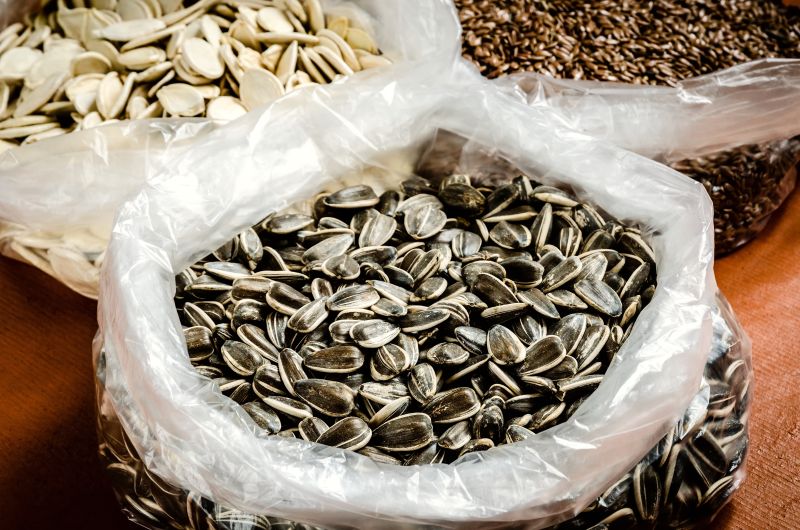 向日葵以南瓜籽和亚麻籽为背景