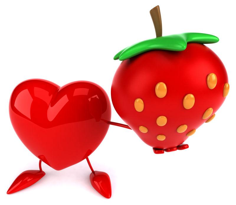 白色背景中的红心和草莓