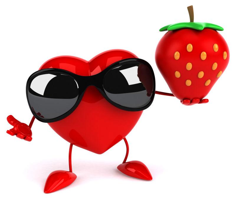 白色背景中举着草莓带着墨镜的红心