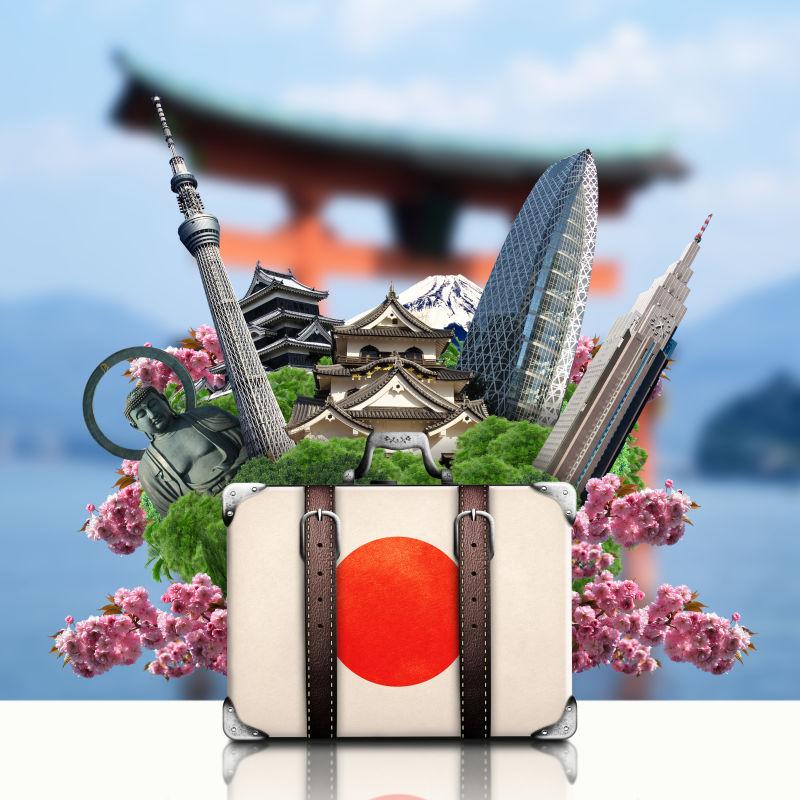 日本地标旅行和复古手提箱