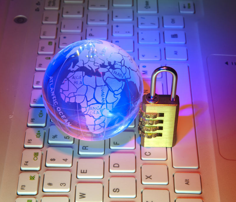 具有计算机背景的锁和网络电缆