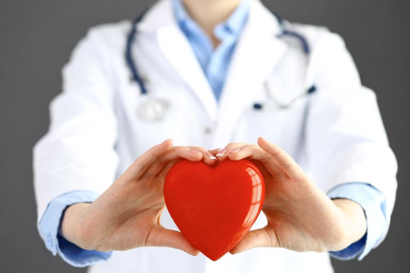 灰色背景下双手拿着红色心的医生