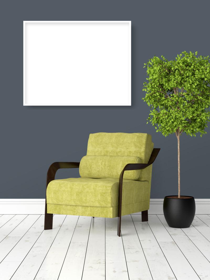 现代明亮的内部与空框架和绿椅子