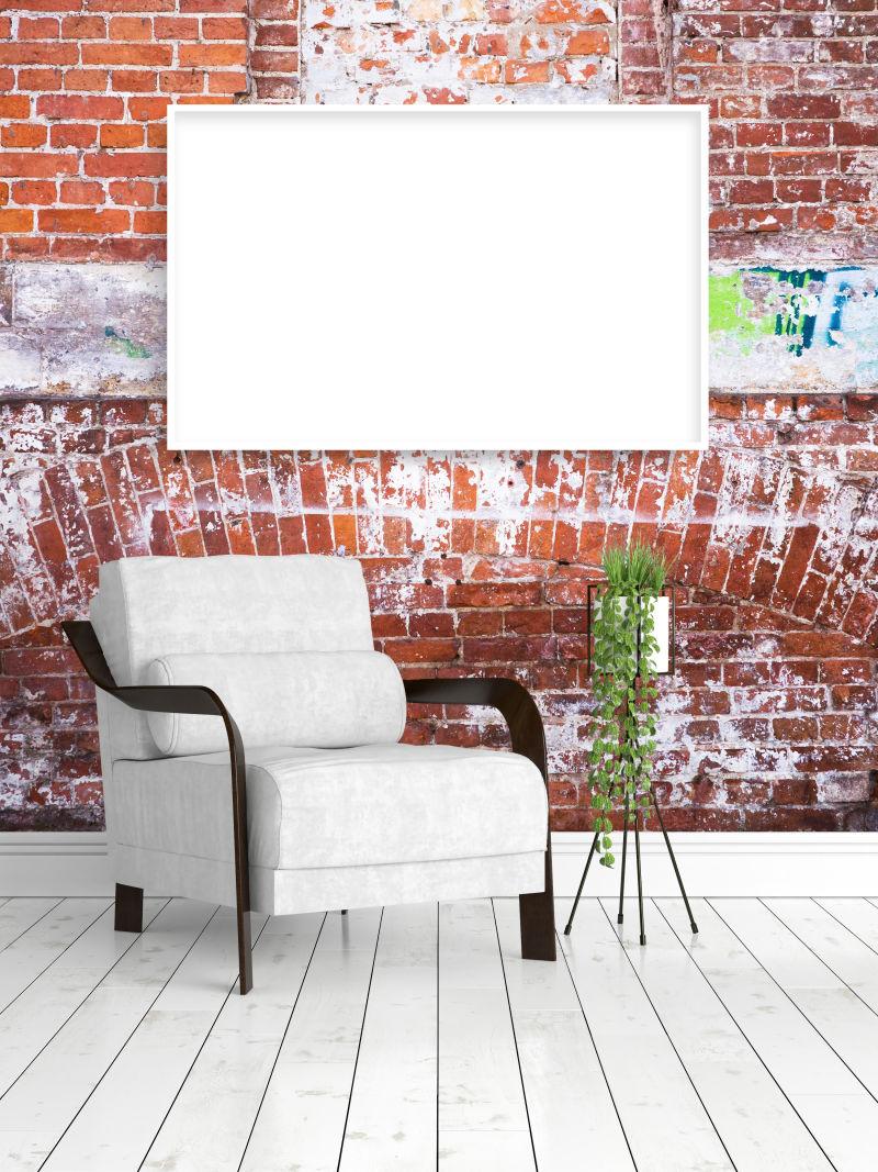 现代明亮的内部与空框架和沙发