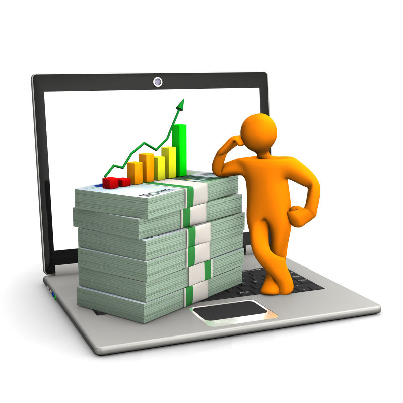 白色背景上的纸币和电脑人物