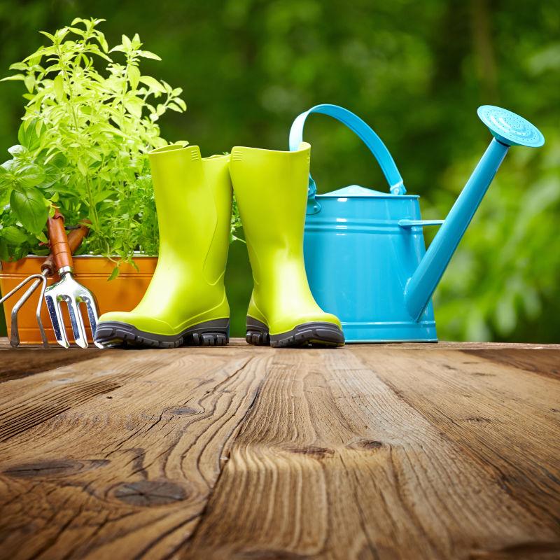 木板上的户外园艺工具