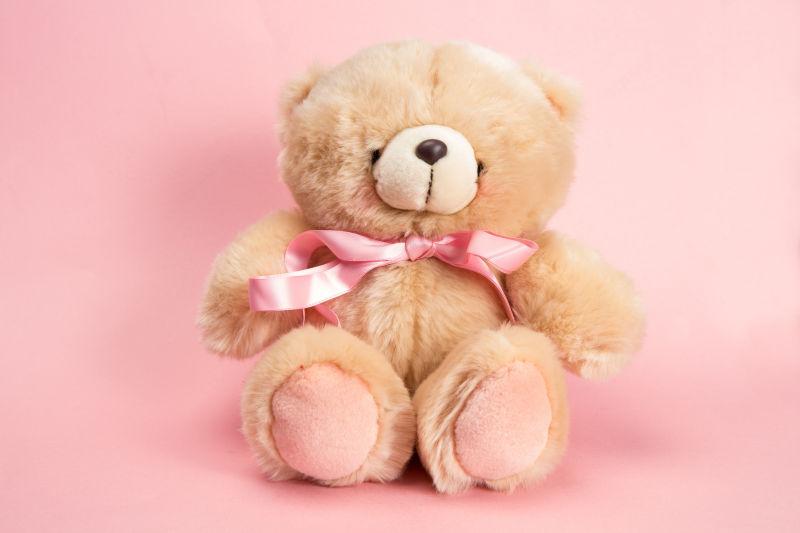 粉色背景上坐着的泰迪熊毛绒玩具