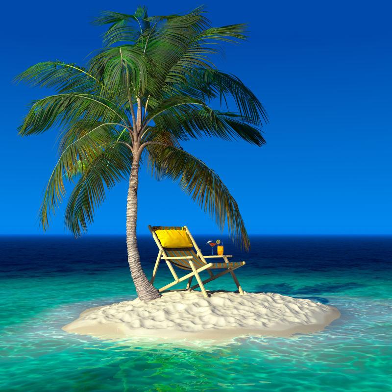 长着一颗椰子树的小岛有一张躺椅