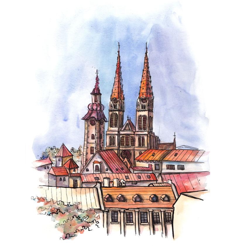 水彩建筑插图