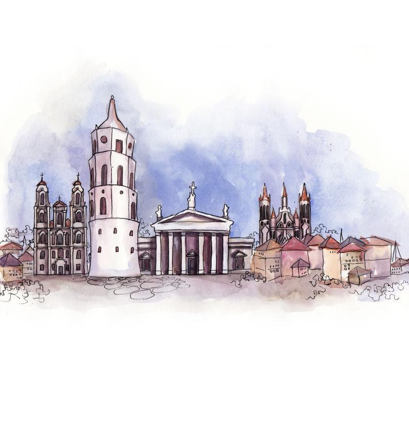 抽象水彩建筑插图