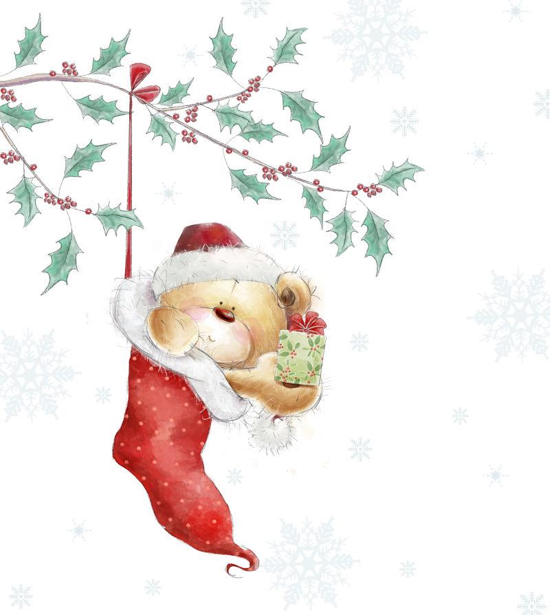 可爱的泰迪熊戴着Santa帽子的礼物