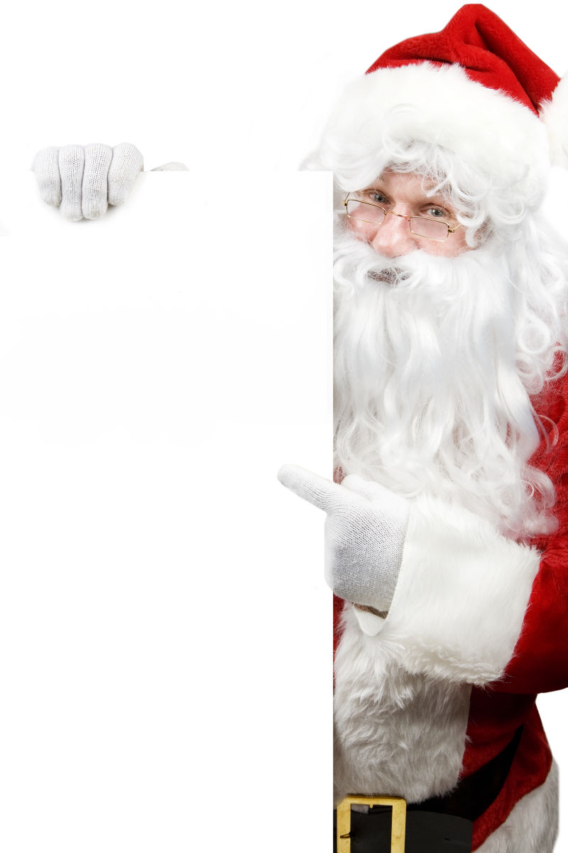 扶着白色纸板的圣诞节老人