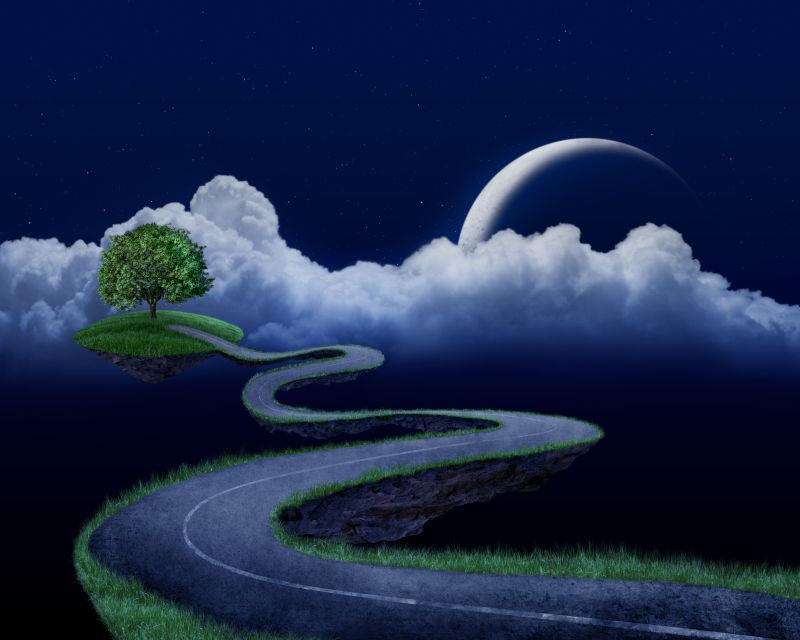 悬浮在通往树的夜空中