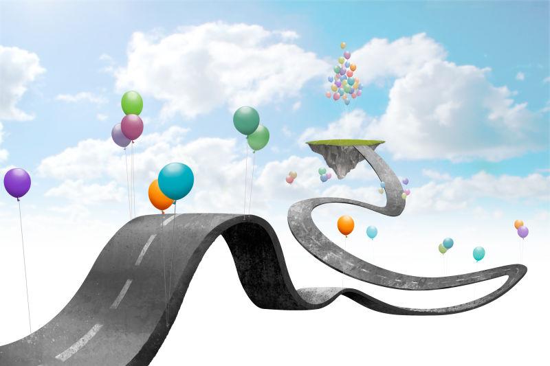 气球悬挂在天空中的道路上