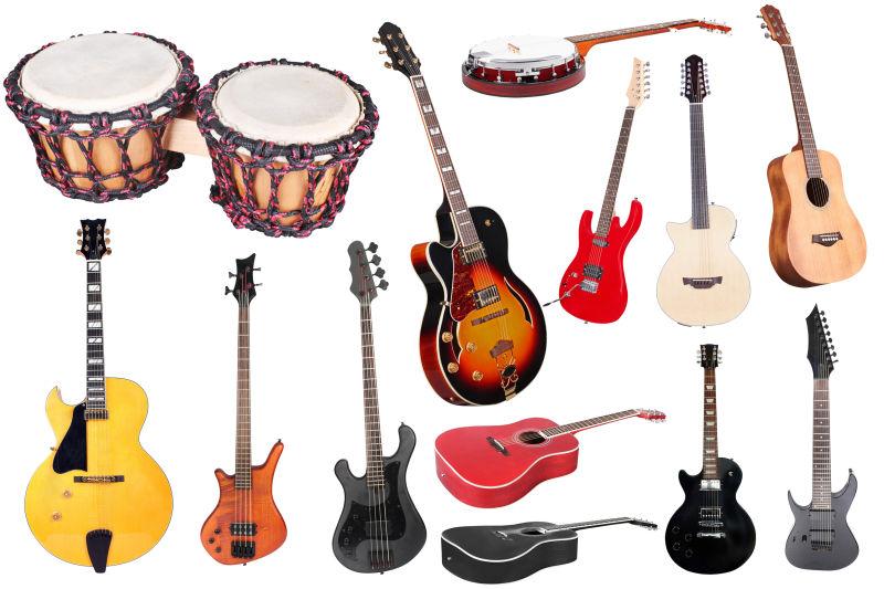 白色背景下的不同乐器