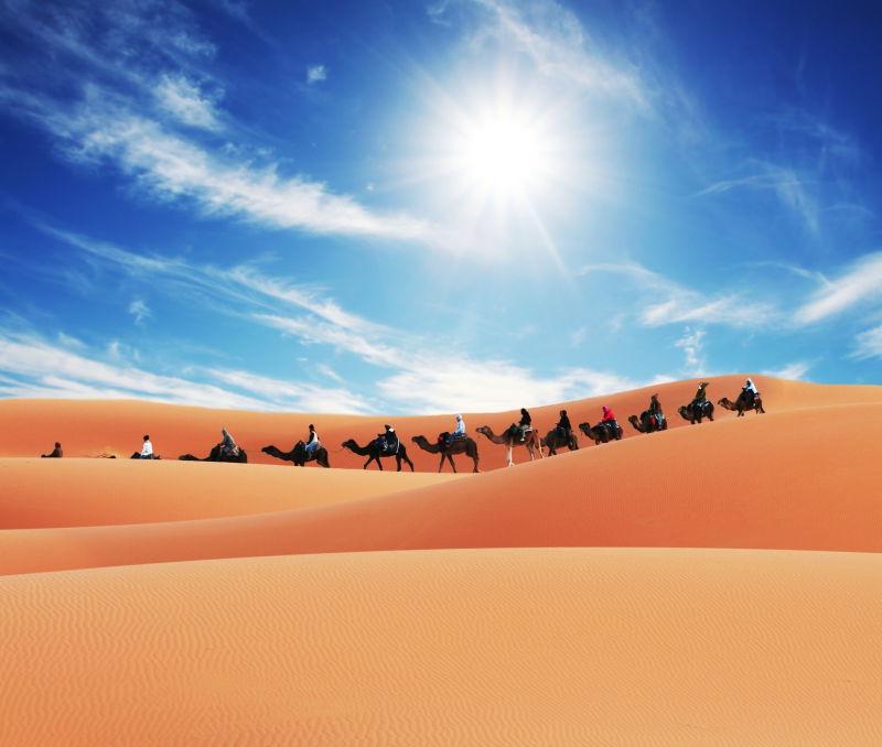 蓝天下沙漠上的骆驼商队
