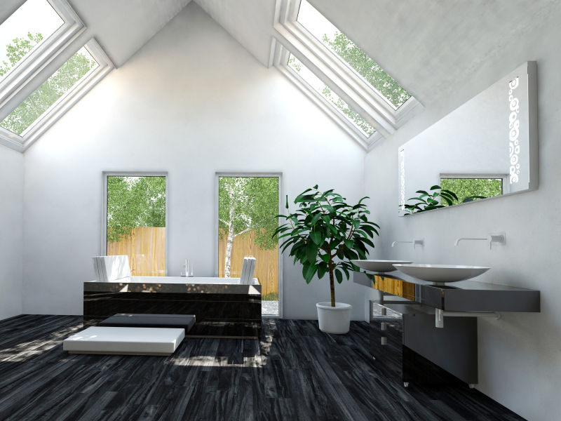 现代豪华的浴缸和浴室的屋顶设计