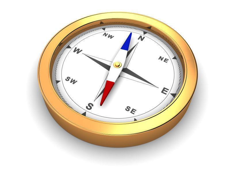 白色背景上金色指南针的三维插图