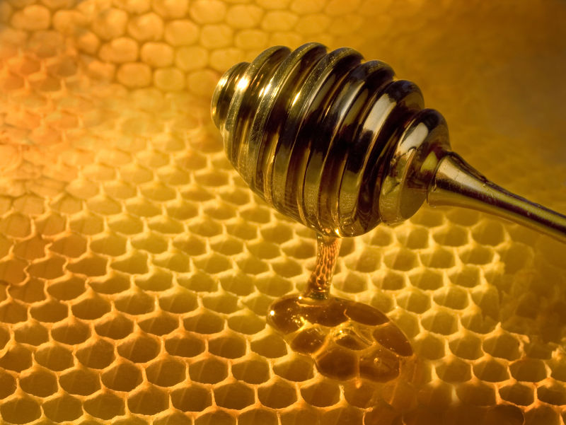 新鲜的蜂蜜滴落在蜂窝上