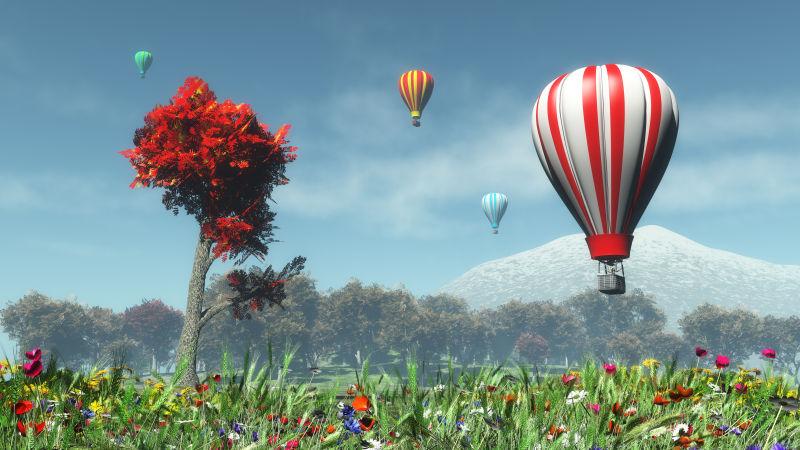 漂浮在草地上空的热气球