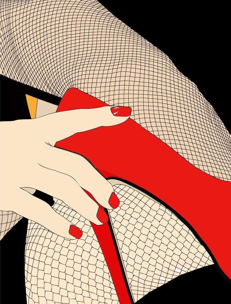 黑色背景下穿着鱼网长袜和高跟鞋的女人