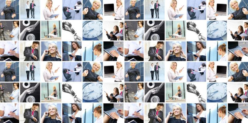 工作中的商人拼贴和电子秤