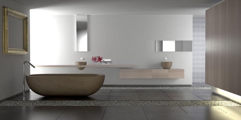 豪华浴缸和鹅卵石现代浴室