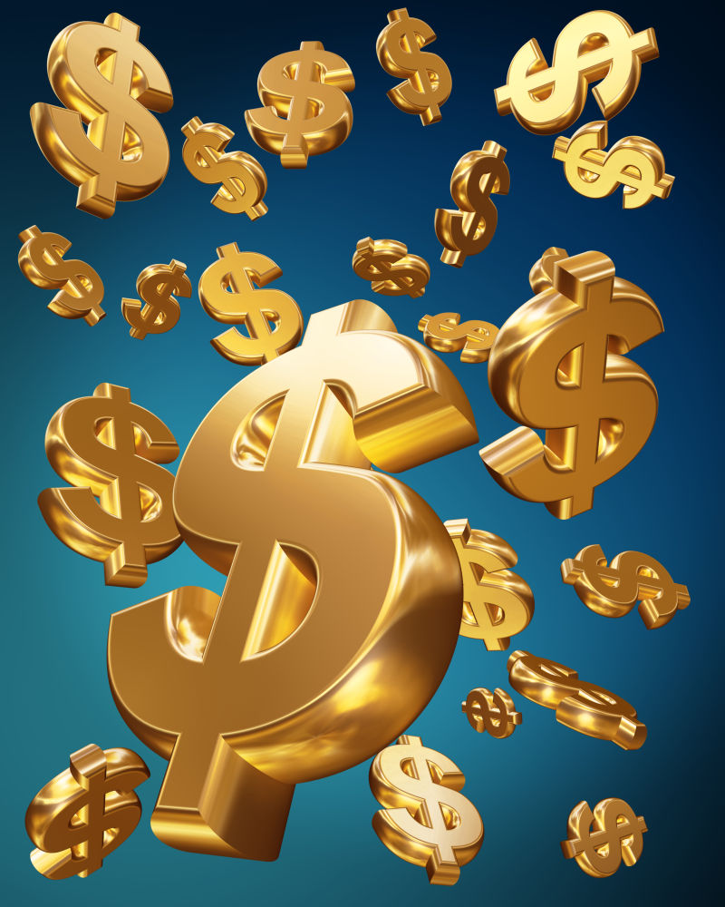 蓝色背景上的一堆金色的美元符号