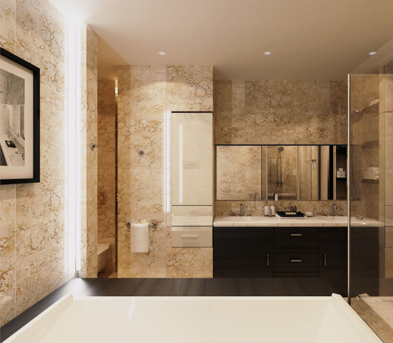 大理石墙面的现代豪华浴室装修