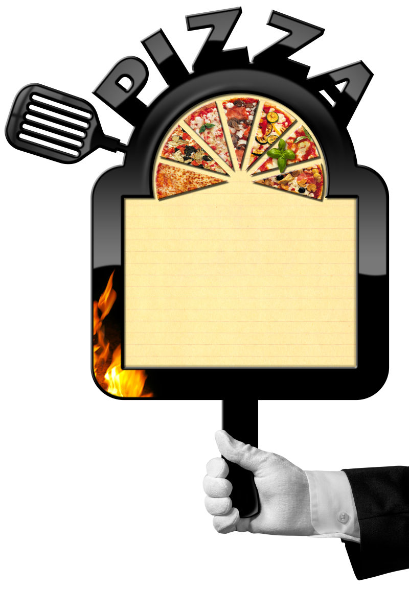 白色背景上戴白色手套的厨师持有黑色框架与文本比萨