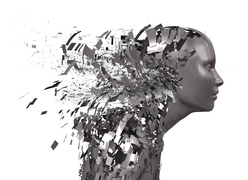 白色背景上破碎的机器人