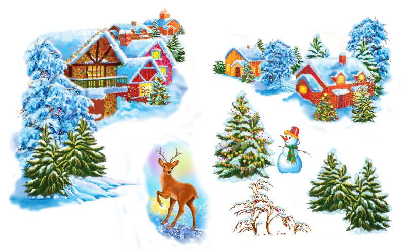 卡通冬季景观的房子和树木的童话