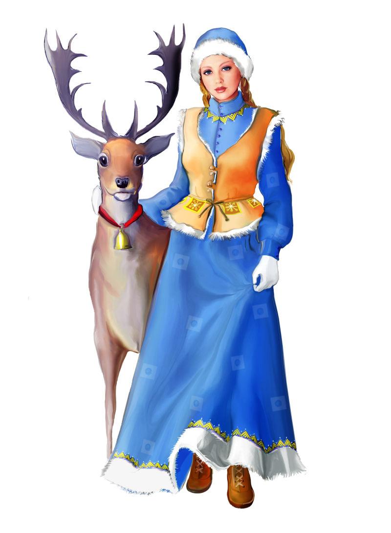 年轻美丽的雪女与圣诞鹿