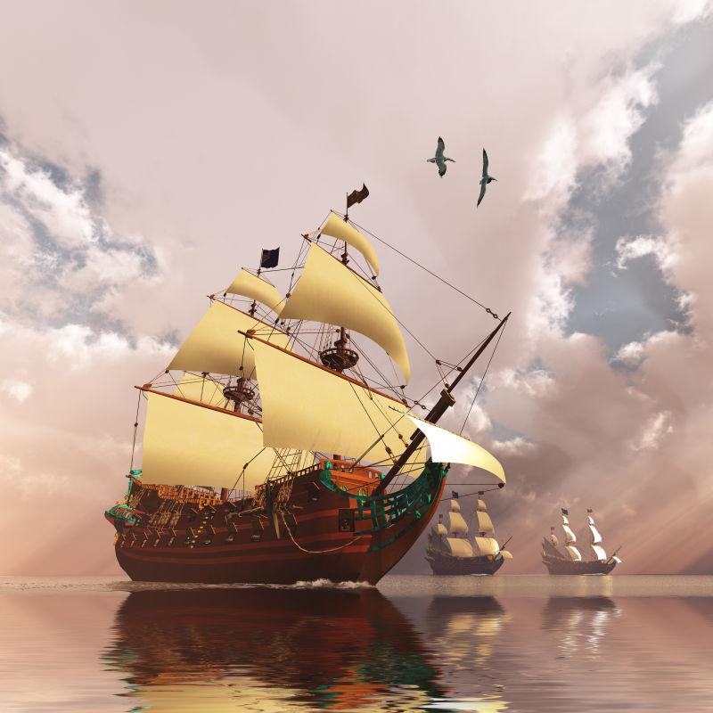 三艘满帆的高船横跨大洋