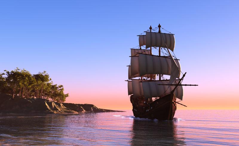 日落时分美丽大海上的帆船