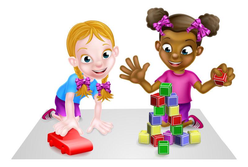 矢量玩具积木和玩具红车的两个女孩